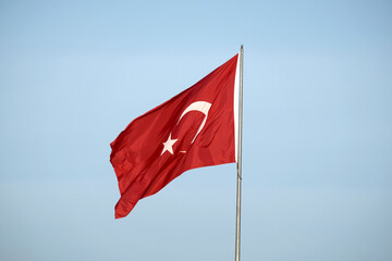 turkish republic flag waving in blue sky, turkish flag slow 