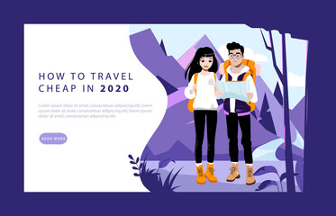 Fototapeta premium Weekend Adventure And Hiking Concept. Website Landing Page. Couple Of Young Tourists With Backpacks. Male And Female Characters Are Going Hike On Mountains. Web Page Cartoon Flat Vector Illustration