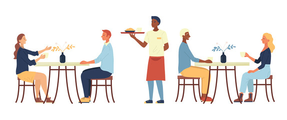 Concept Of Lunchtime. People Are Sitting In Cozy Urban Cafe, Drink Coffee, Eat Dinner. The Waiter Brings The Order. Characters Are Communicating And Have A Good Time. Cartoon Flat Vector Illustration