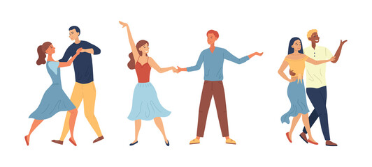 Dance School Or Competitions Concept. People Enjoying Of Spending Time Together. Male And Female Characters Have A Good Time Dancing Tango In Pair Together. Cartoon Flat Style. Vector Illustration