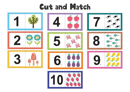 Numbers flash cards for kids. Cut and match pictures