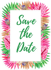 Tropical frame for Save the Date with sun palm leaves and exotic plants