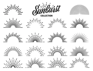 Foto op Plexiglas Retro compositie Vintage sunburst collection. Bursting sun rays. Fireworks. Logotype or lettering design element. Radial sunset beams. Vector illustration.