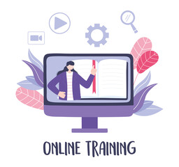 online training, computer woman in video teaching, courses knowledge development using internet