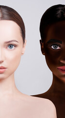 No to racism, the concept of sameness. Faces of two girls nearby, Caucasian-looking girl and African American. Beauty photo of girls of different nationalities, beauty.