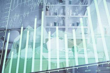 Double exposure of financial graph drawing and office interior background. Concept of stock market.