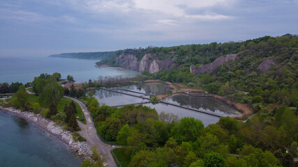 Aerial view of cliffs during cloudy weather