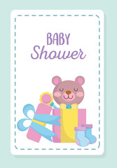 baby shower, cute teddy bear in gift with rattle and socks, announce newborn welcome card