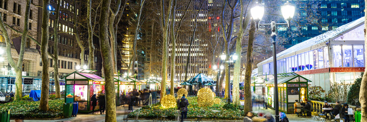 Panorama of the Bryant Park Holiday Village in New York City during Christmas