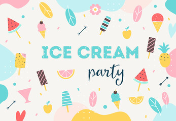 Ice Cream Party Colorful Background. Summer Party Poster, Flyer or Initation Card. Vector Design