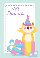 baby shower, cute cat coming out gift box celebration, announce newborn welcome card