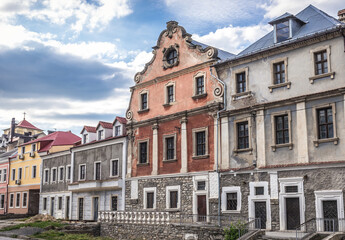 Fototapeta na wymiar Old residential buildings near main square of historic part of Kamianets Podilskyi city, Ukraine