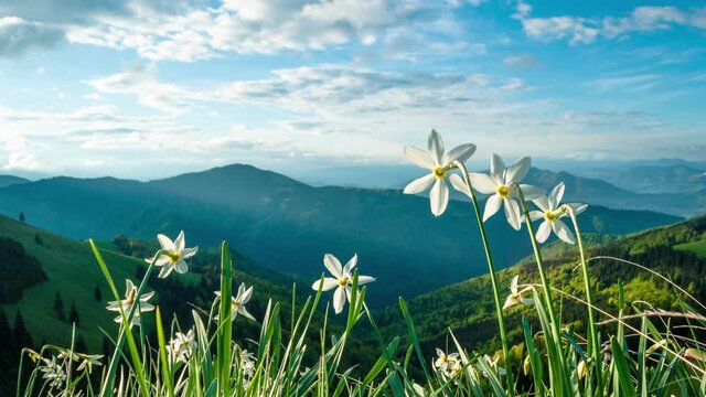 Sunrise over flowers and mountain landscape 4K timelapse