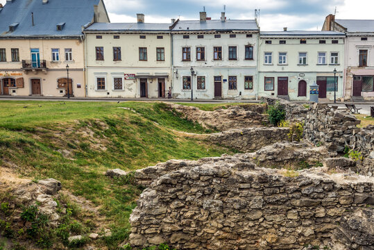 Cellars of destroyed buildings in historic part of Zhovkva town, Ukraine