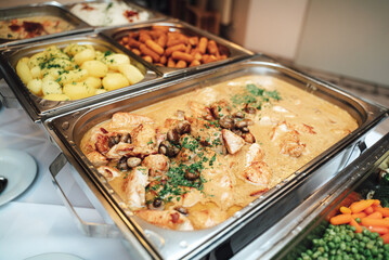 Stainless self-service buffet table with various meals, side dishes and vegetable. Celebration, party, birthday or wedding concept.