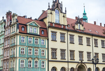 Tenements on main square of Old Town, historic part of Wroclaw city, Poland
