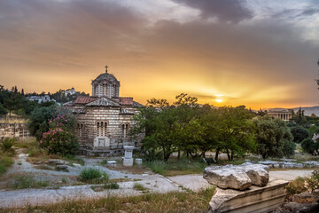 Fototapeta na wymiar The church of the Holy Apostles of Solaki in the Ancient Agora of Athens at sunset, Greece.