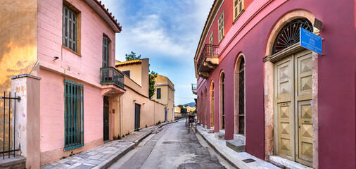 Panoramic view of the Polignotou st and the Melina Mercouri Foundation next the Roman Agora in...