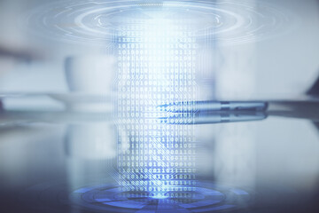 Double exposure of Ai data theme drawing over coffee cup background in office.