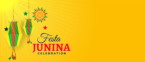 Beautiful Brazil Festa Junina celebration design with paper lantern decorations and shining yellow background.