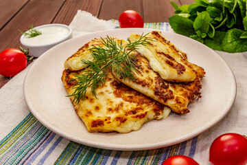 Hot appetizer - pita bread with cheese and herbs. Vegetarian healthy food