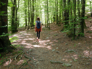 Woman on the pathway in the forest