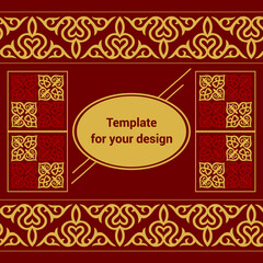 Template for your design with ornamental elements and motifs of Kazakh, Kyrgyz, Tatar national Asian decor for packing,  banner, flyer and print design. Workpiece for your design. 