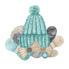 Scandinavian style Crochet Shop Logotype, Branding, Avatar composition of hats, yarns, crocheted heart, bow, flowers. Hobby Logo. Handmade Crocheting Blue gray beige Watercolor Illustration
