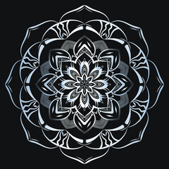 Luxury ornamental mandala design silver color on black background. Logo design template label for coffee; tea; business card. Isolated ornament. Vector Illustration.