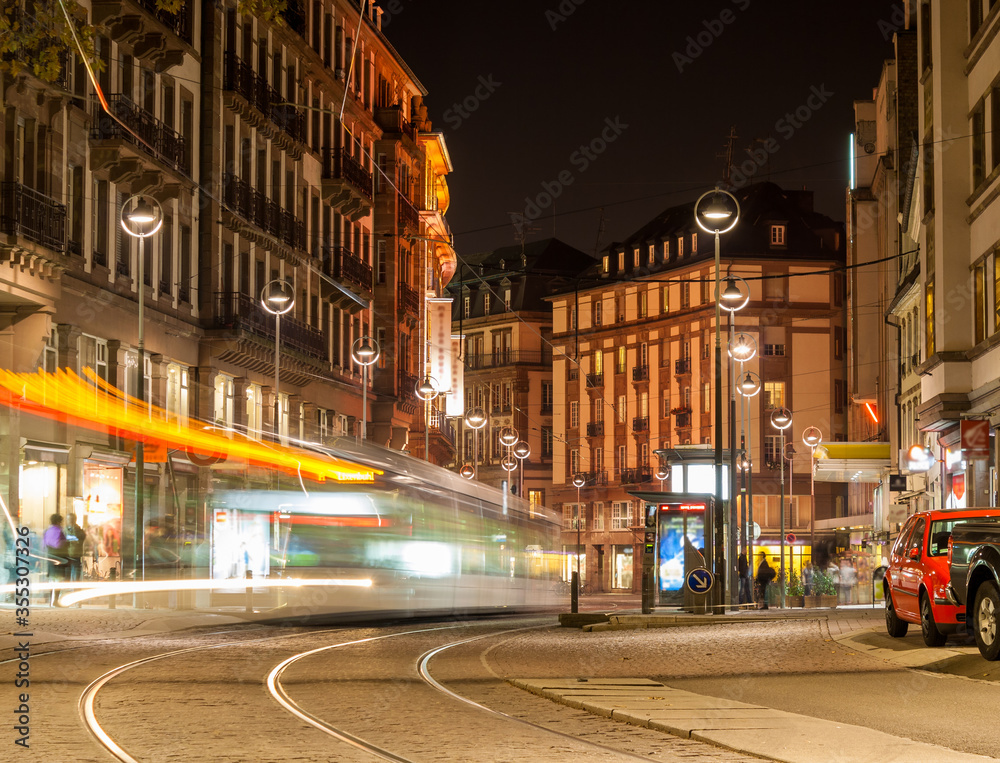 Sticker Modern tram on at Strasbourg city center. France, Alsace