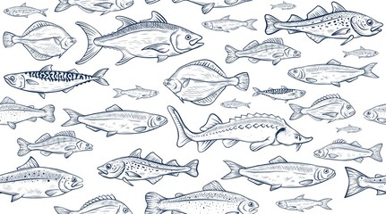 Vector sketch illustration of fresh sea fishes drawing isolated on white. Engraved style. natural business. Vintage, retro object for menu, label, recipe, product packaging