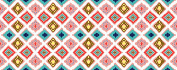 Ikat geometric folklore ornament with diamonds. Tribal ethnic vector texture. Seamless striped pattern in Aztec style. Folk embroidery. Indian, Scandinavian, Gypsy, Mexican, African rug.