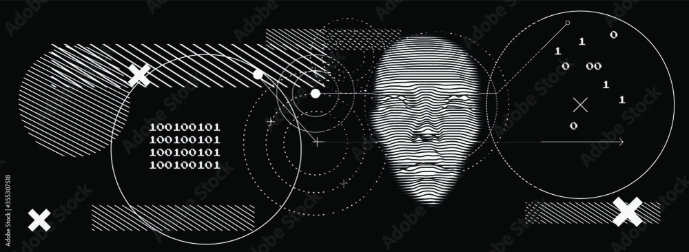 Fototapete Artificial or machine intelligence concept. 3D silhouette of human head extruded from lines looking like graph of a function. Generative computer art.
