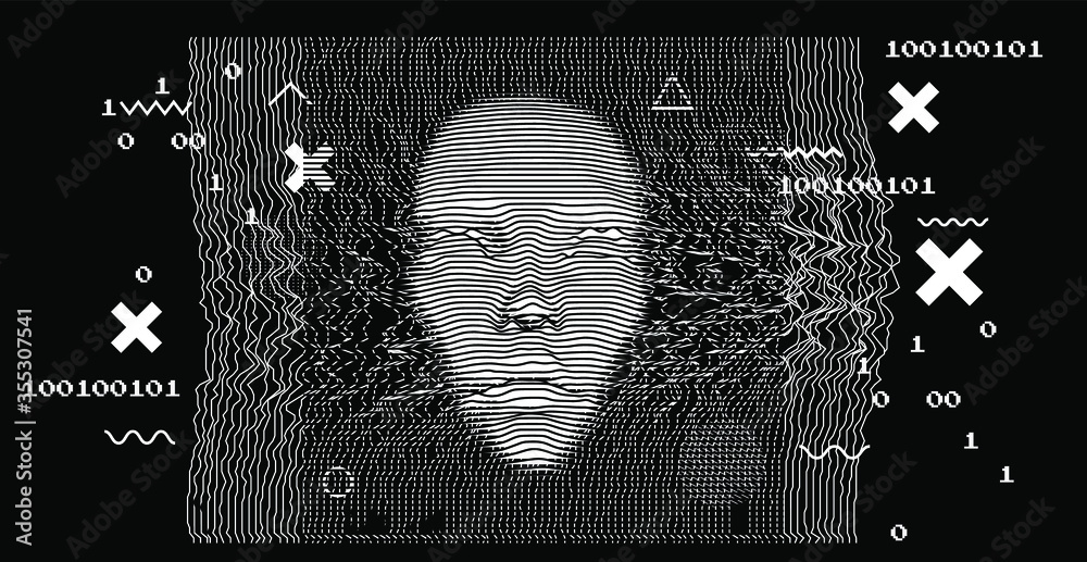 Aufkleber Artificial or machine intelligence concept. 3D silhouette of human head extruded from lines looking like graph of a function. Generative computer art.