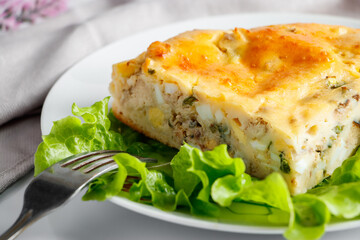 Homemade fish pie with greens on a plate. Mediterranean dish on a white background.