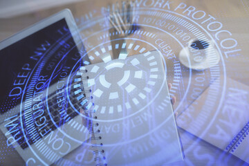 Multi exposure of woman hands working on computer and data theme hologram drawing. Tech concept.