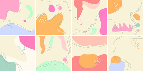 Fototapeta na wymiar Set of eight abstract backgrounds. Hand drawn various shapes and doodle objects. Contemporary modern trendy vector illustrations. Every background is isolated. Pastel colors