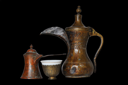 Tradional Mardin coffee Mirra coffee.Traditional turkish coffee in cezve. Coffee Pot and Cup
