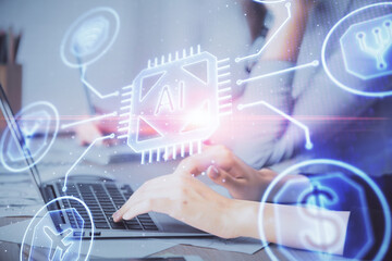 Double exposure of woman hands working on computer and data theme hologram drawing. Tech concept.