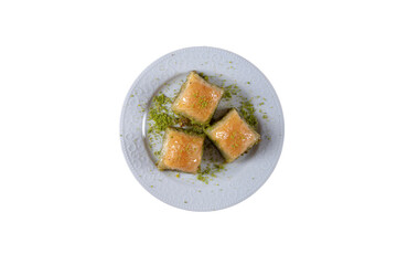 Pistachio baklava.  Traditional Dessert Baklava with pistachio. top view white background isolated
