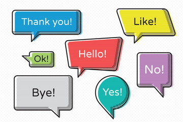 Speech Bubbles Set of Horizontal Strokes Colored Sketch Style Trendy Shapes with Popular Speech Phrases - Black and Multicolor Elements on White Dots Wallpaper Background - Flat Graphic Design
