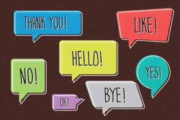 Speech Bubbles Set of Inverted Comic Style Trendy Colored Shapes with Handwritten Speech Phrases - White and Multicolor Elements on Brown Dots Wallpaper Background - Flat Graphic Design