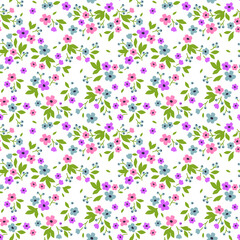 Vintage floral background. Seamless vector pattern for design and fashion prints. Flowers pattern with small blue, pink and lilac flowers on a white background. Ditsy style. 