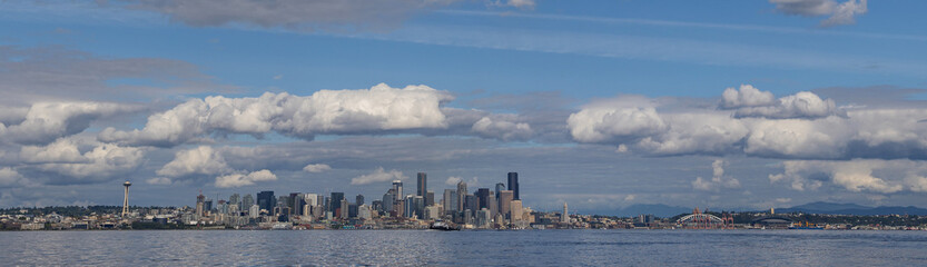 Wide view of the city of Seattle, Washington in the Pacific Northwest as seen from the Puget Sound...