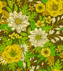 Trendy seamless vector floral pattern. Endless print made of hand draw flowers, leaves and berries. Summer and spring motifs. Brown background.Vector illustration.