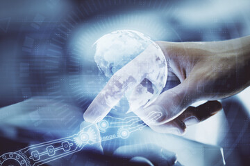 Multi exposure of man's hands holding and using a digital device and map drawing. International business concept.