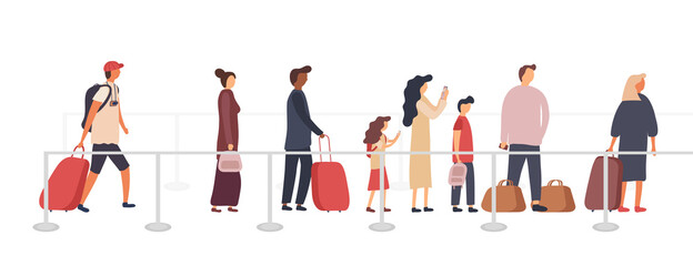 Vector illustration. Group of tourists in line with luggage. People at the airport. Travel adventure concept. Family, children, men, women. Flat cartoon design. People standing and waiting.