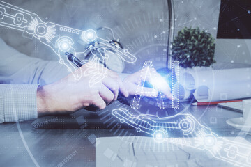 Multi exposure of man's hands holding and using a digital device and data theme drawing. Innovation concept.