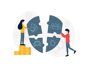 Insurance. Illustration of a woman on a stack of coins and a man stacking a guard icon out of a puzzle, on each of which banknotes, machine, house, man silhouette