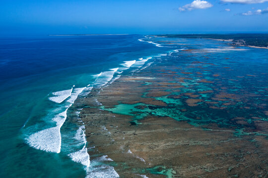 Aerial view taken by drone of the coral reef barrier in Rote island in the province of Timor in Indonesia.